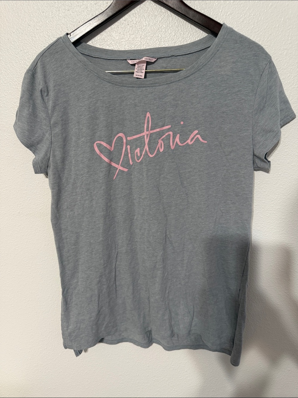 Victoria's Secret Gray Tee with Pink Script Heart Logo